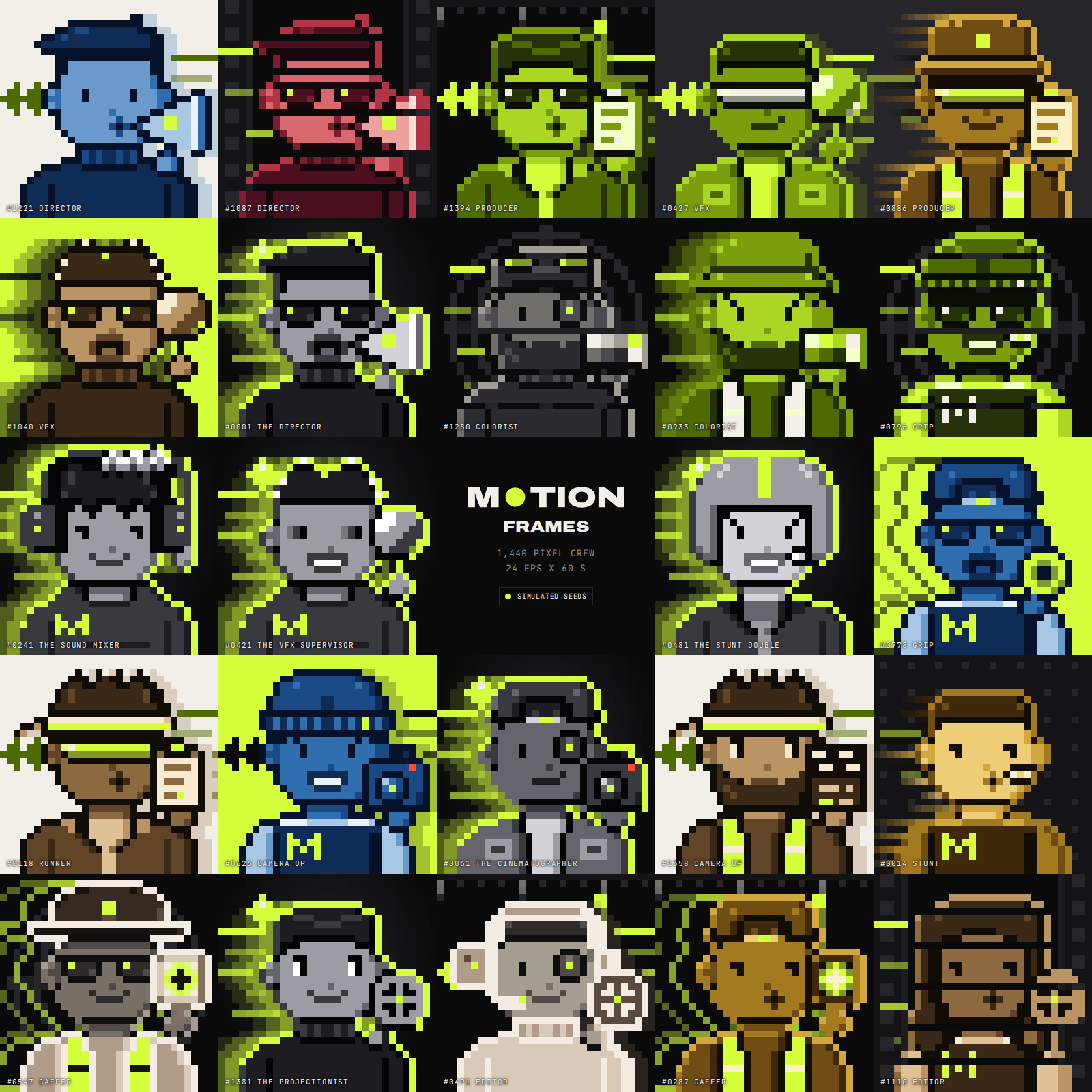 MOTION FRAMES crew members drawn by the pixel engine